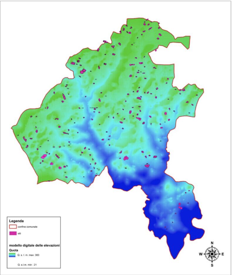 Modello digitale delle elevazioni del territorio di Campobello di Licata con i siti archeologici mappati