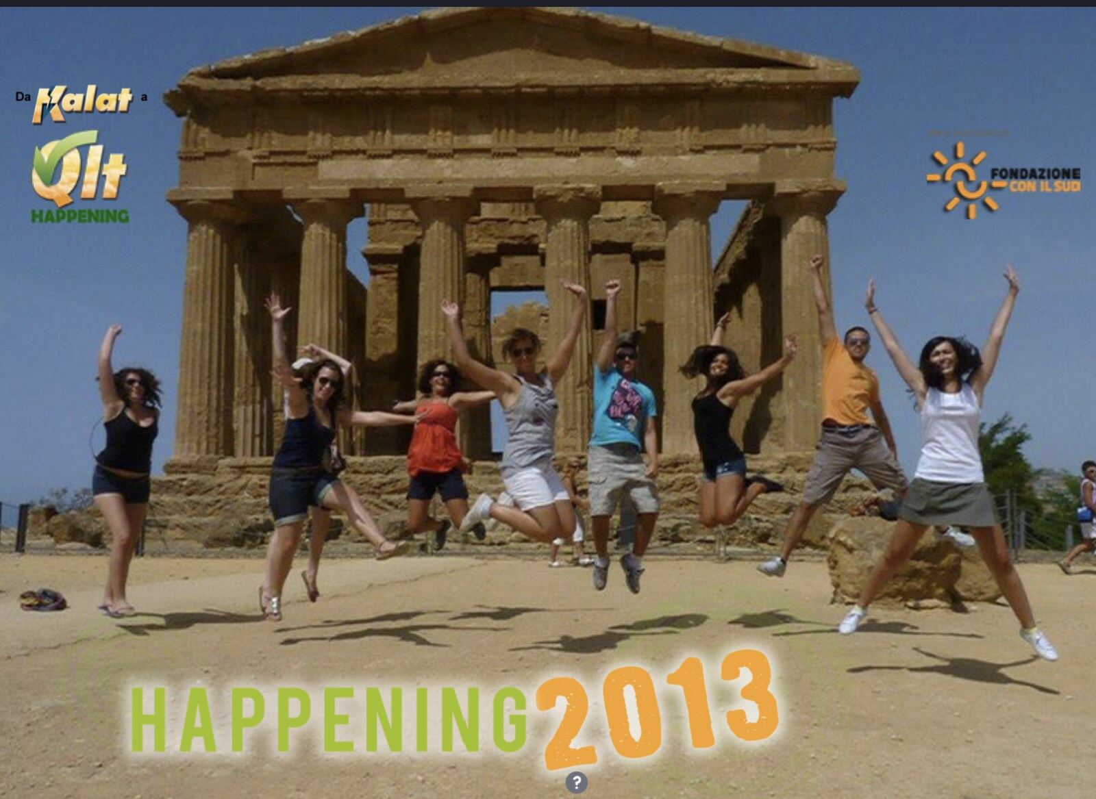 Gruppo di giovani partecipanti che saltano davanti al Tempio della Concordia, Happening 2013