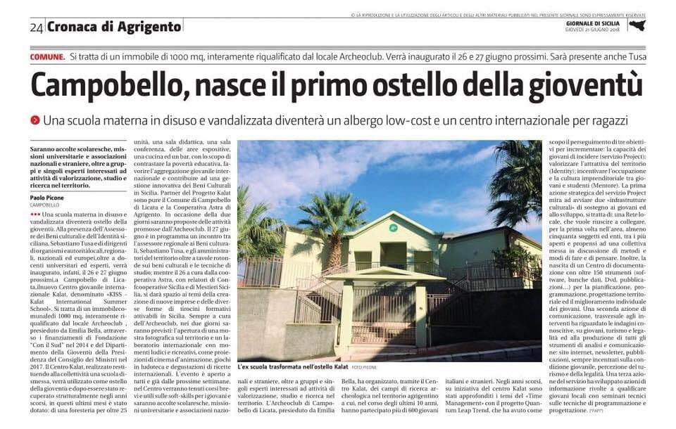 Articolo del Giornale di Sicilia del 2018 sulla nascita del KISS a Campobello di Licata