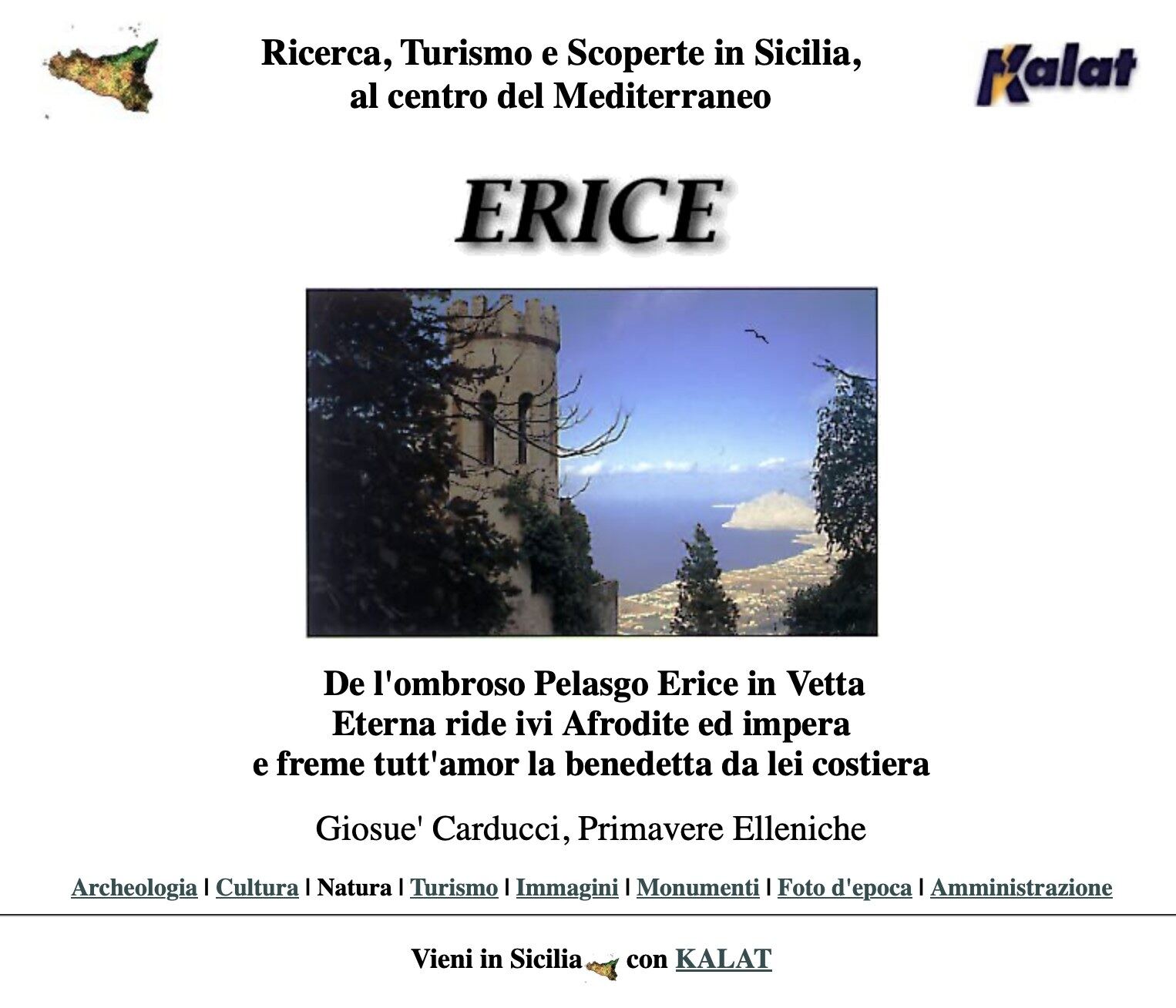 Pagina del sito Kalat dedicata a Erice, con veduta del castello e della costa