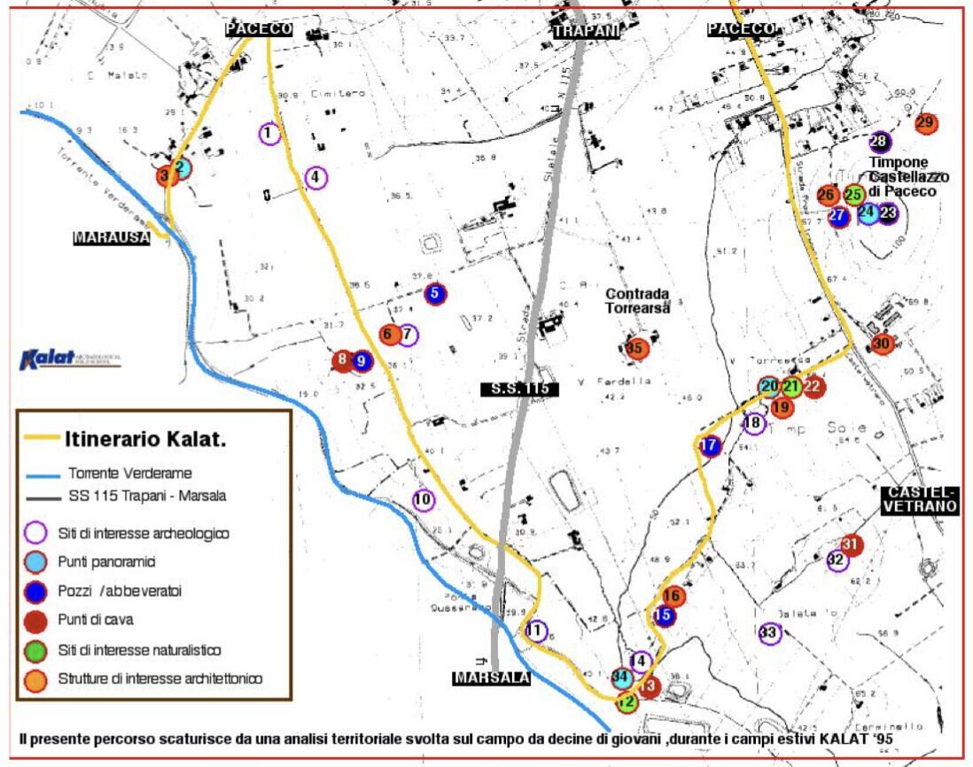 Mappa dell'itinerario Kalat nel territorio di Paceco, con i siti di interesse censiti