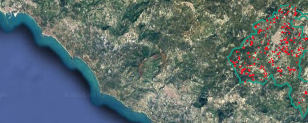 Vista satellitare del territorio di Campobello di Licata con i siti archeologici censiti dal GIS del progetto Kalat