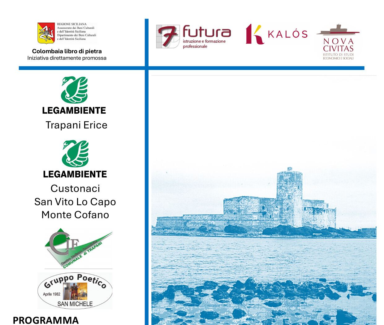 Locandina del ciclo di conferenze sulla Colombaia, con i loghi degli enti promotori e il castello visto dal mare