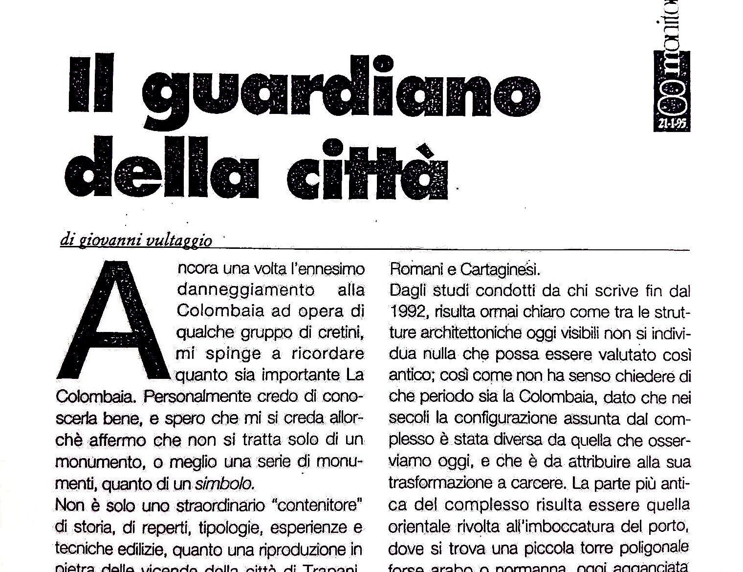 Articolo 'Il guardiano della città' di Giovanni Vultaggio, Monitor, 21 gennaio 1995
