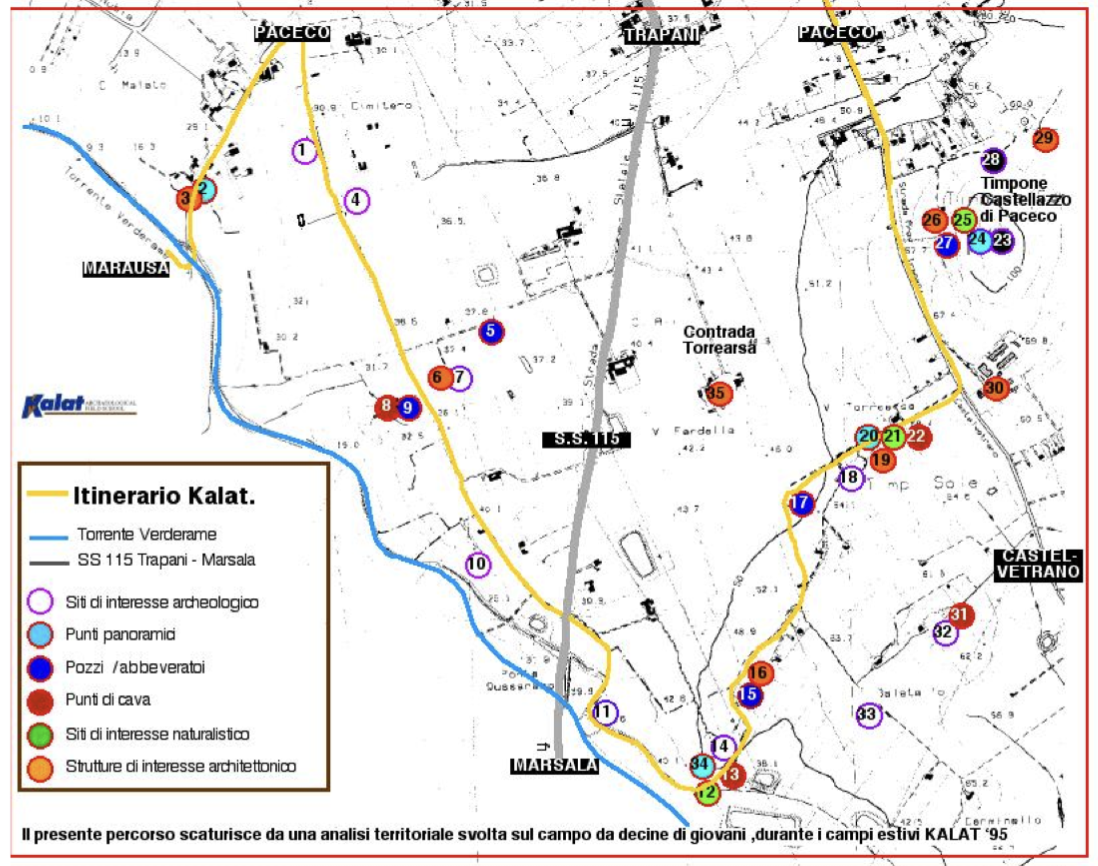 Mappa dell'itinerario Kalat con i siti archeologici censiti nel territorio di Paceco